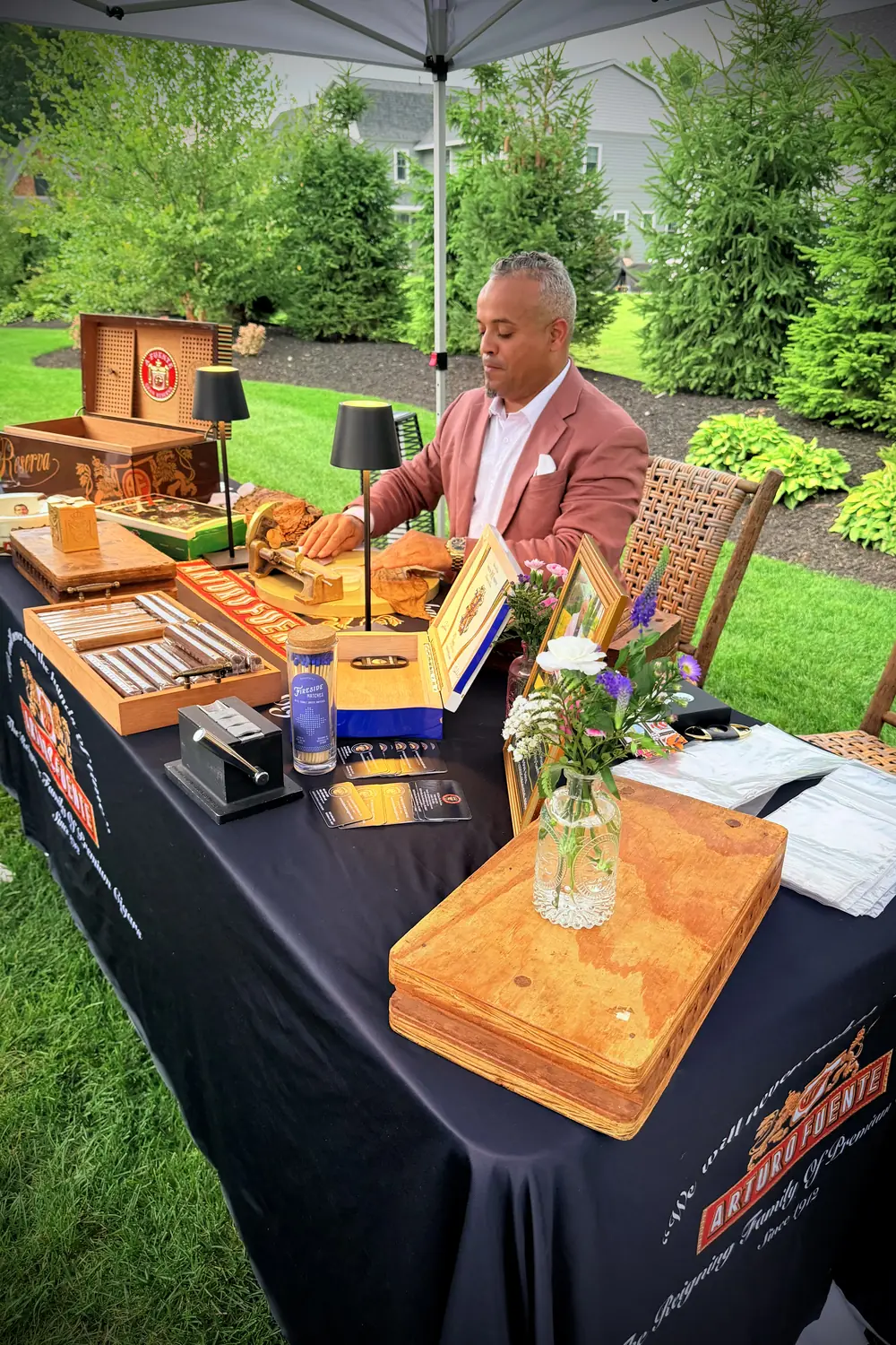 The full rolling station set up and lit on a lawn, before the event begins